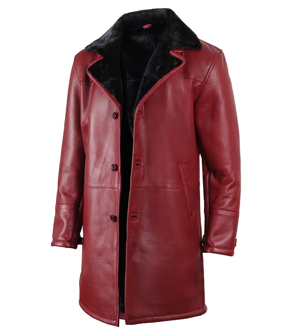 Men's Maroon Black Leather Shearling Coat