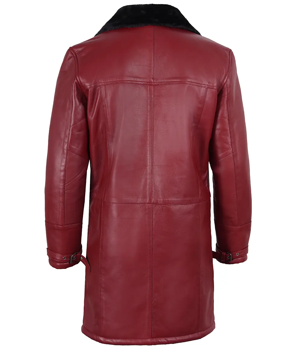 Men's Maroon Black Leather Shearling Coat