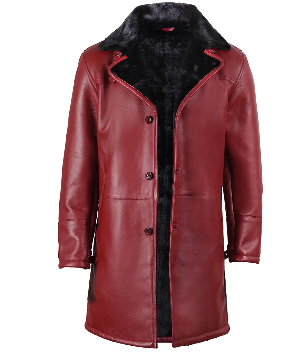 Men's Maroon Black Leather Shearling Coat