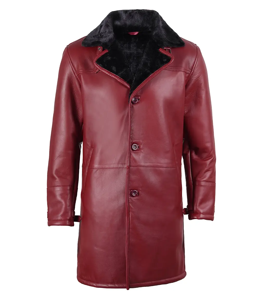 Men's Maroon Black Leather Shearling Coat