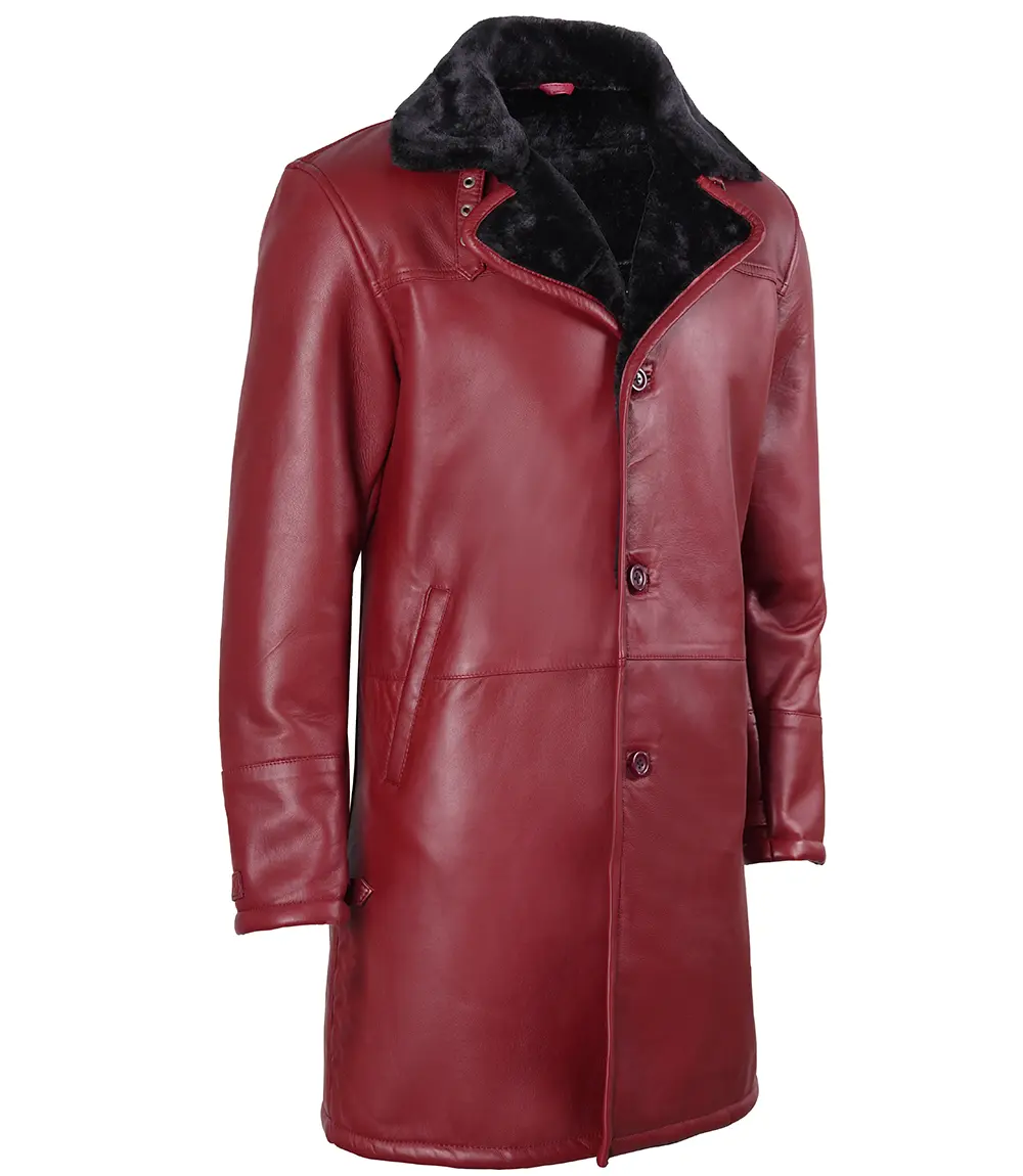 Men's Maroon Black Leather Shearling Coat