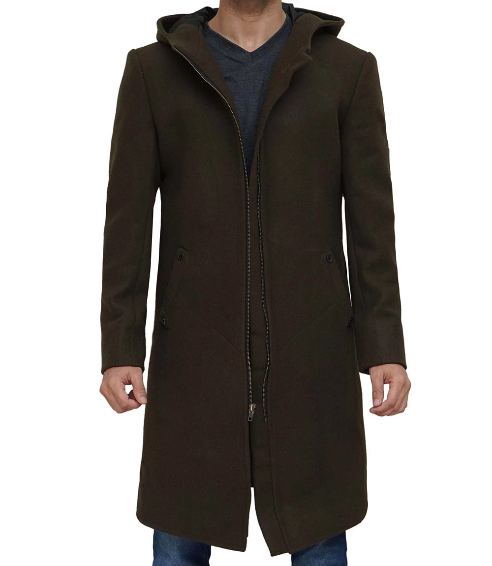 Men's Olive Green Long Wool Coat with Attached Hood