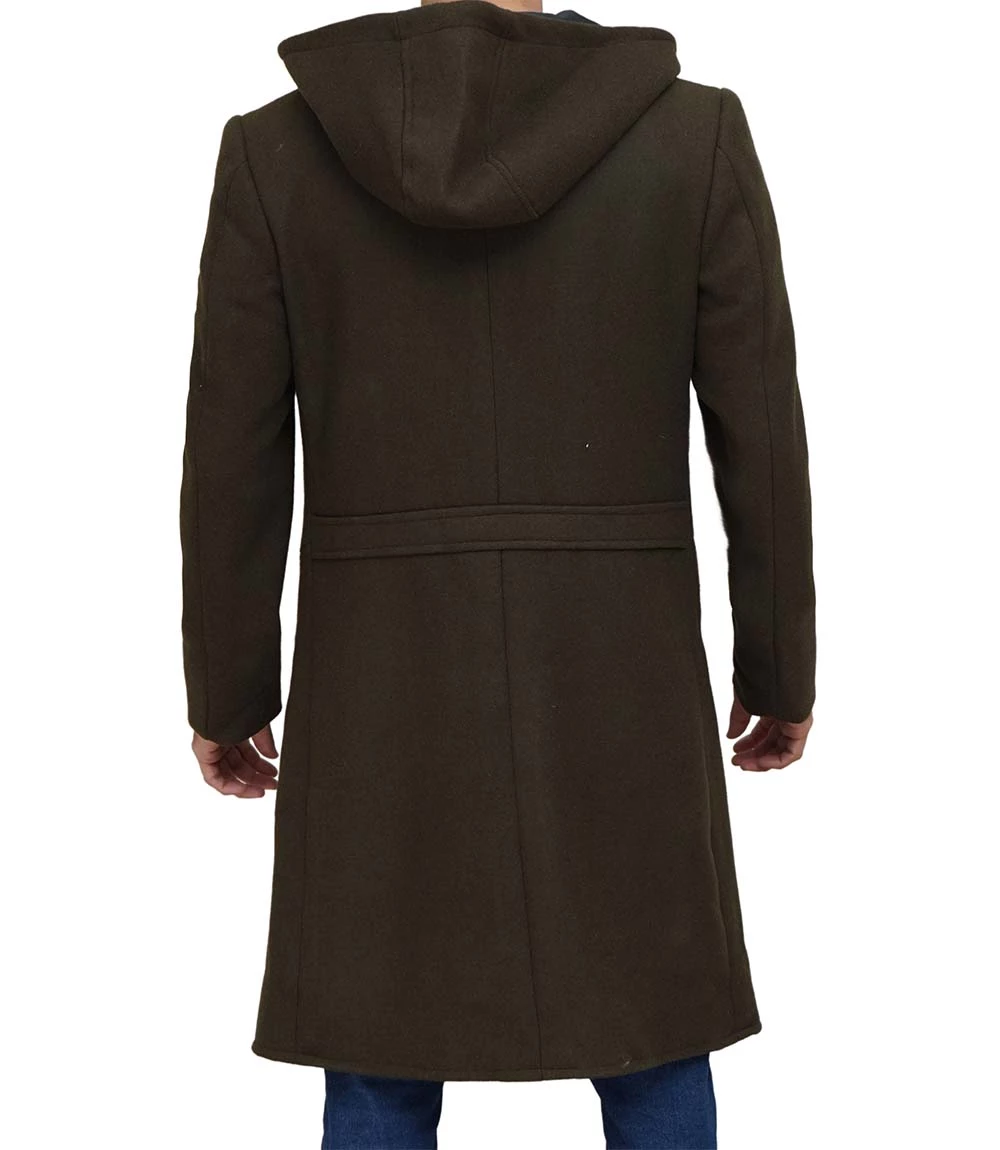 Men's Olive Green Long Wool Coat with Attached Hood