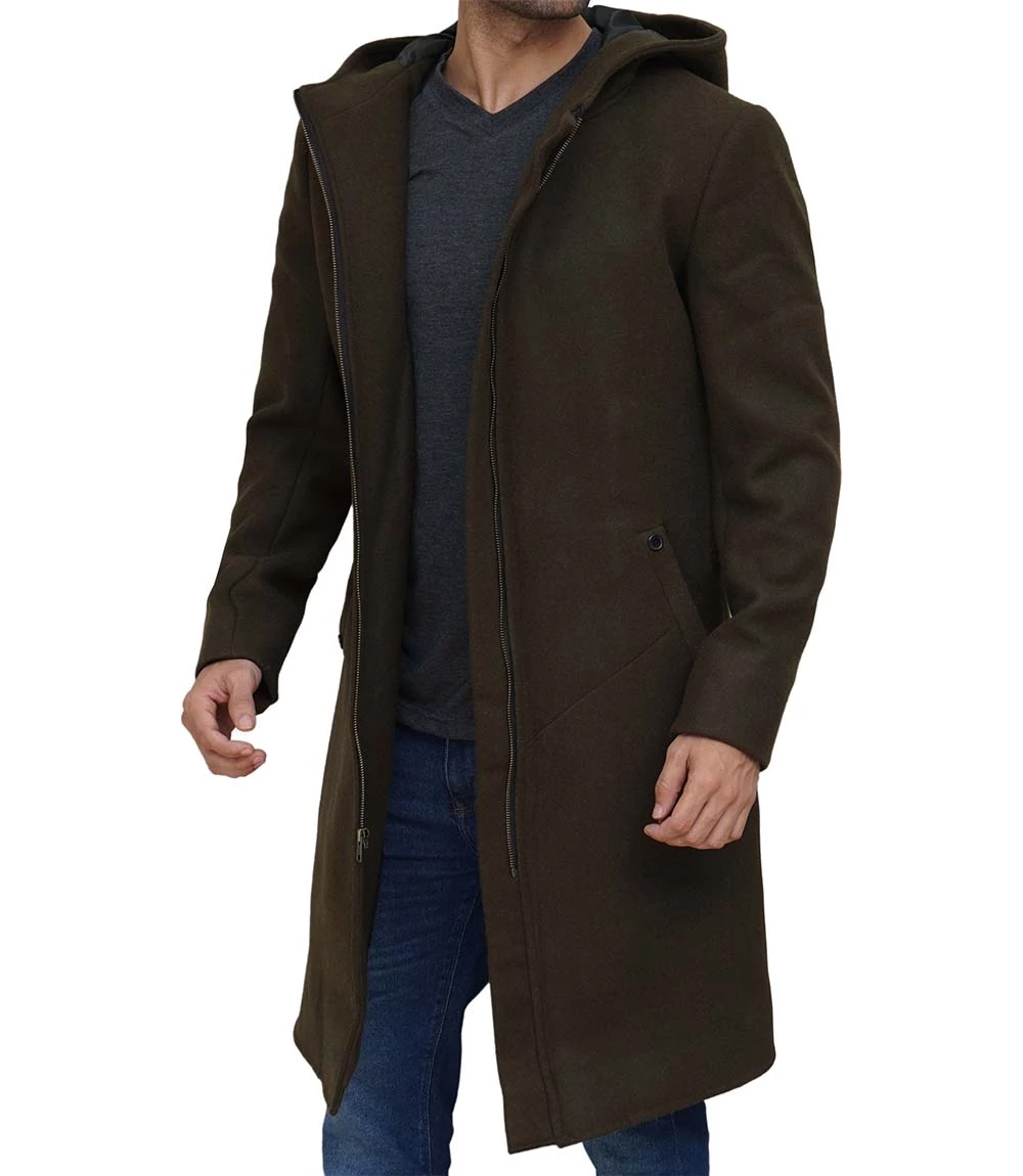 Men's Olive Green Long Wool Coat with Attached Hood