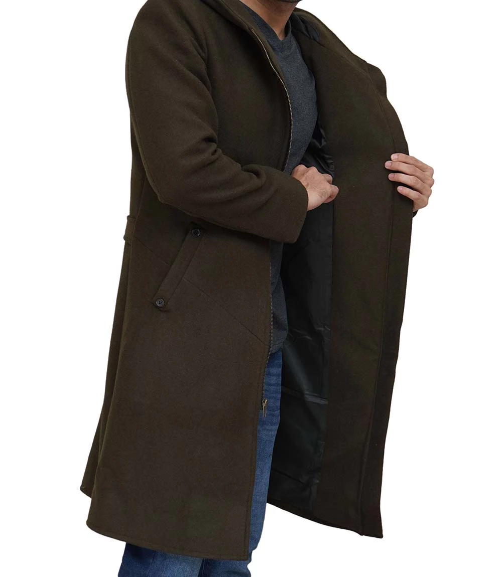 Men's Olive Green Long Wool Coat with Attached Hood