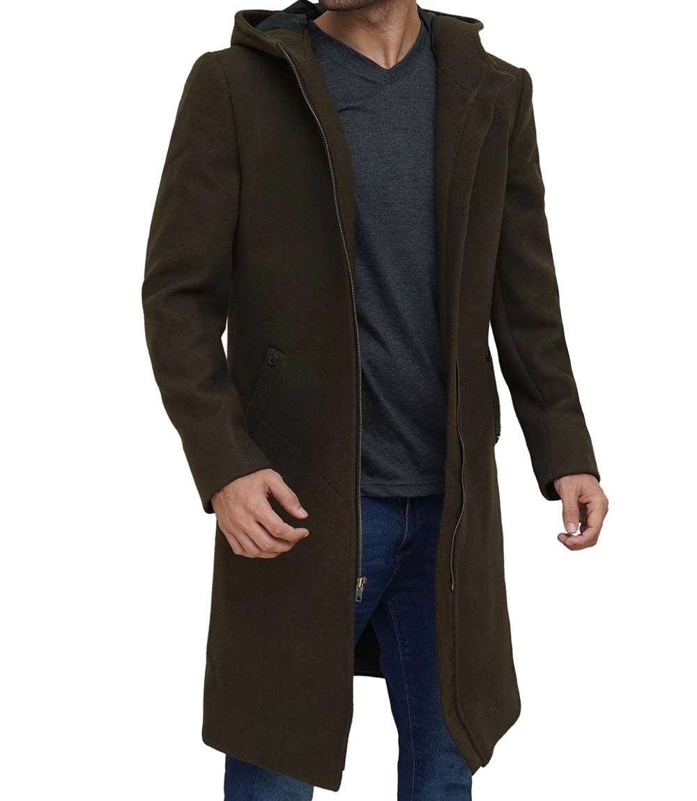 Men's Olive Green Long Wool Coat with Attached Hood