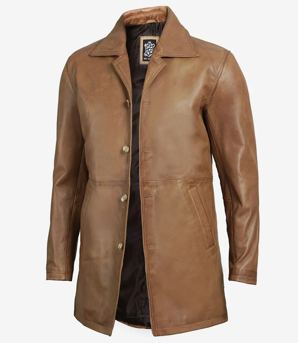 Men's Real Leather Camel Brown 3 4 Length Car Coat