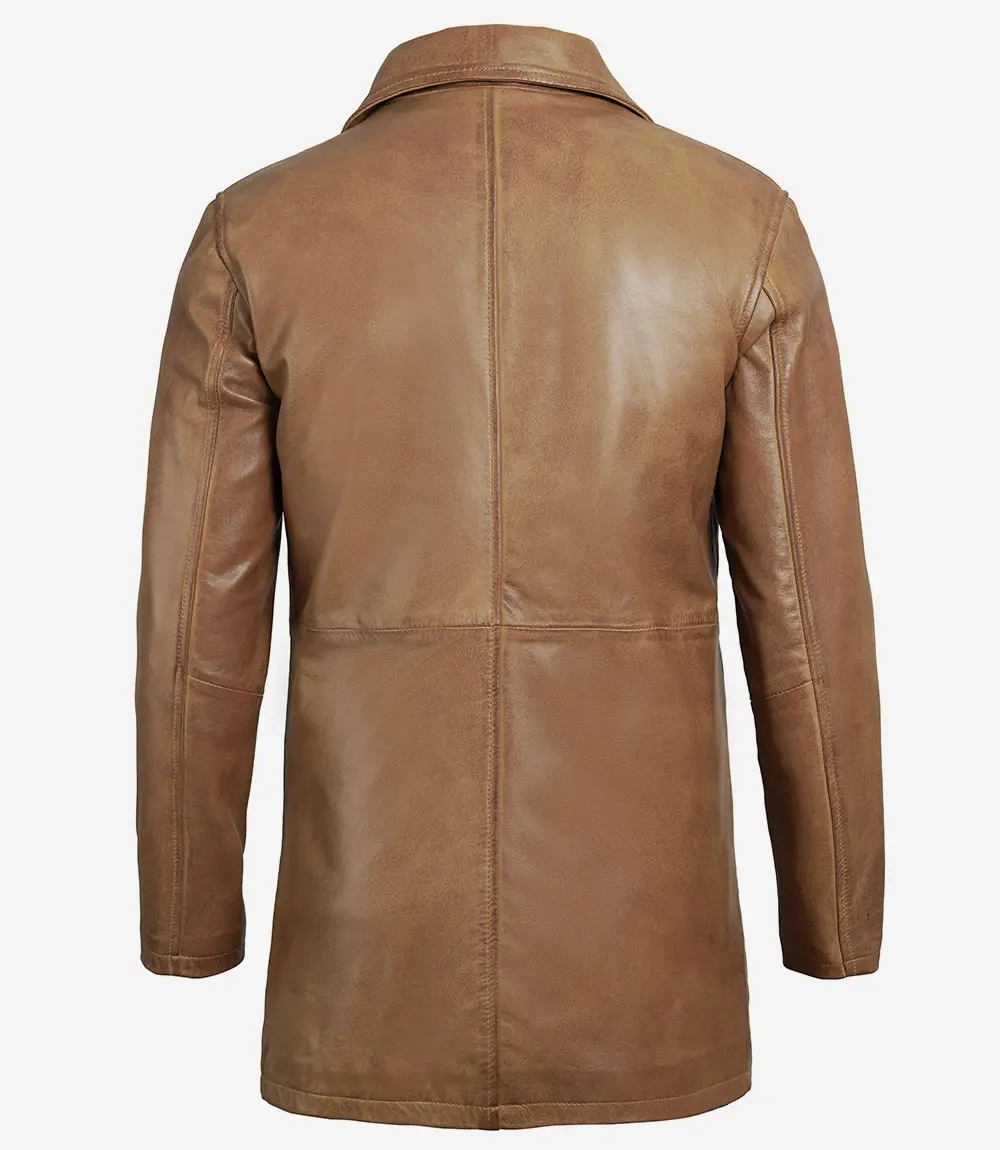 Men's Real Leather Camel Brown 3 4 Length Car Coat