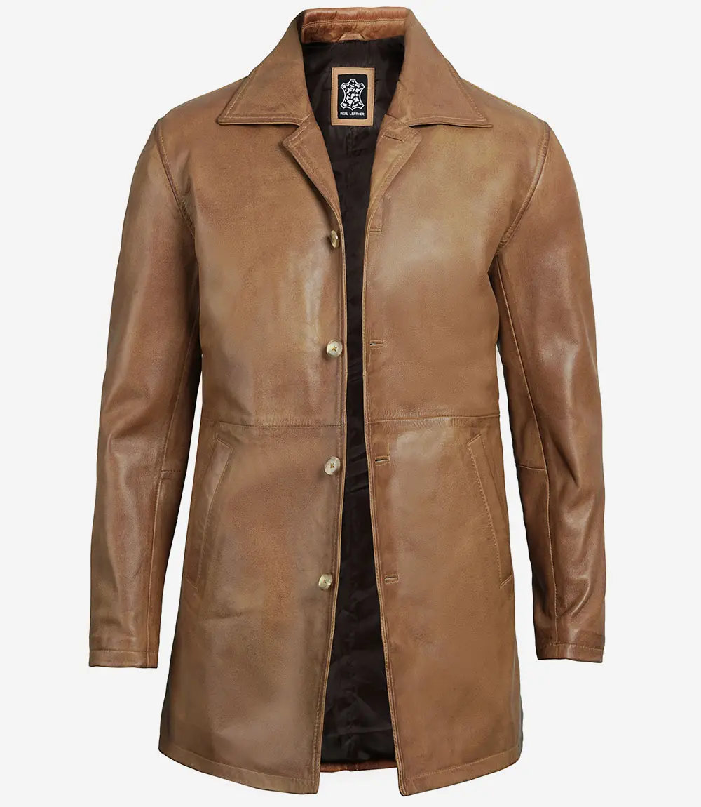 Men's Real Leather Camel Brown 3 4 Length Car Coat