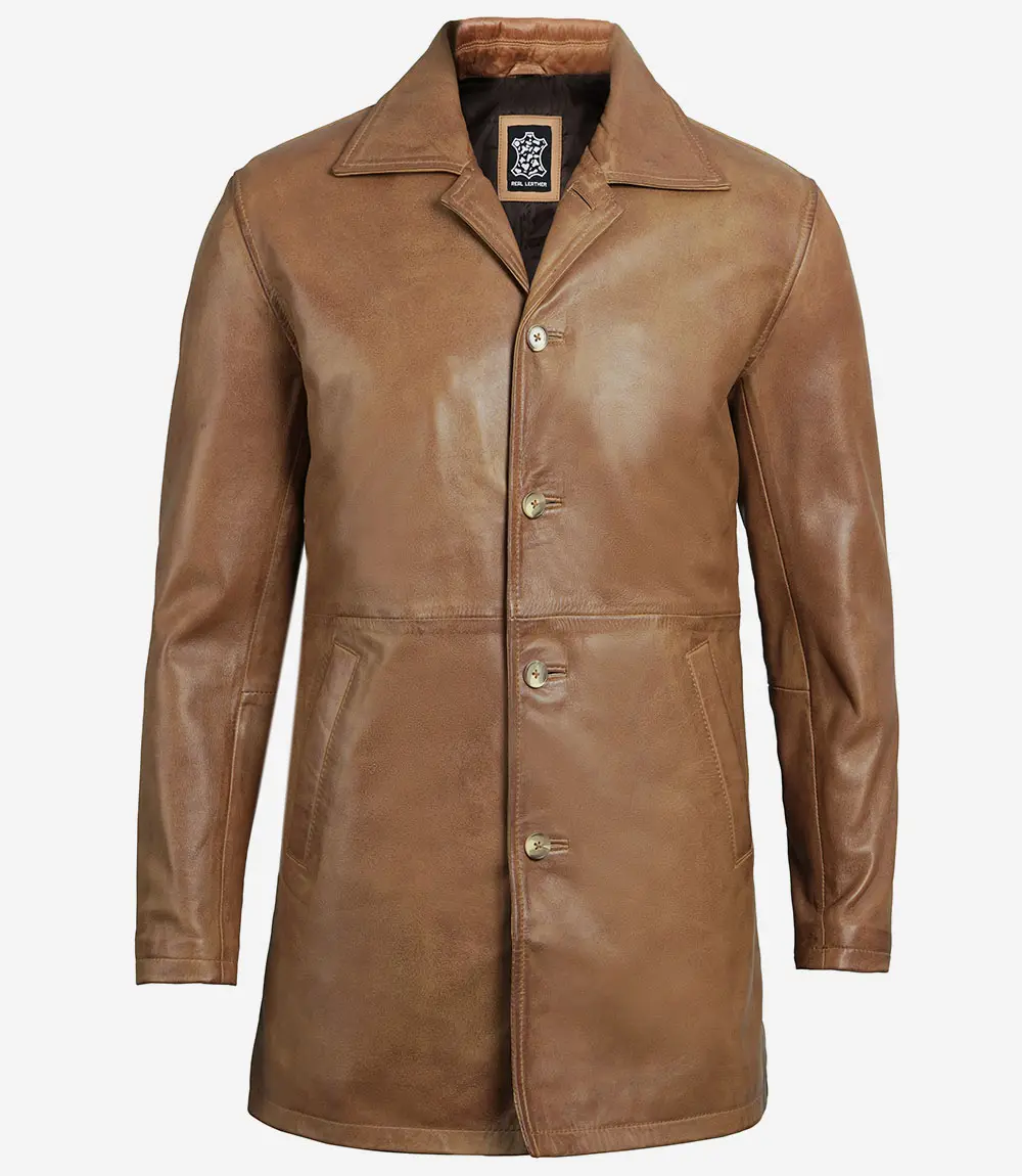 Men's Real Leather Camel Brown 3 4 Length Car Coat