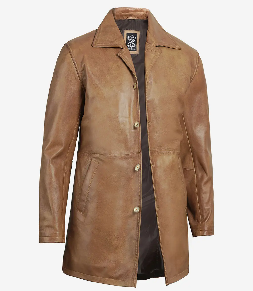 Men's Real Leather Camel Brown 3 4 Length Car Coat