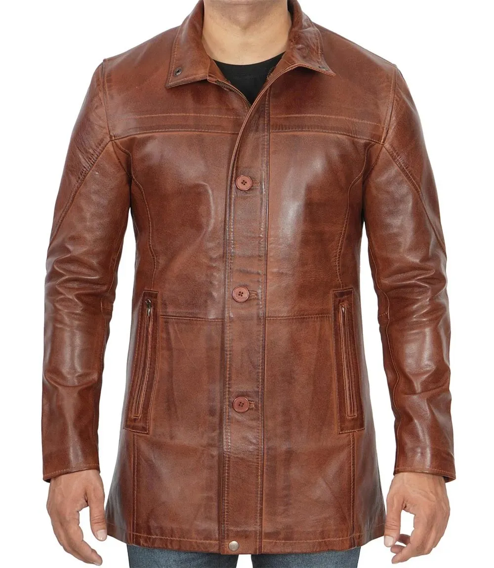 Men's Vintage Cognac Leather Car Coat