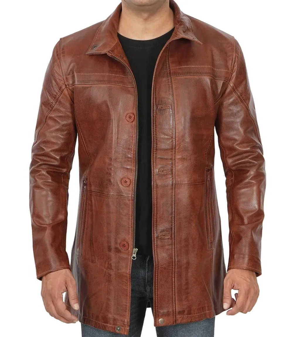 Men's Vintage Cognac Leather Car Coat