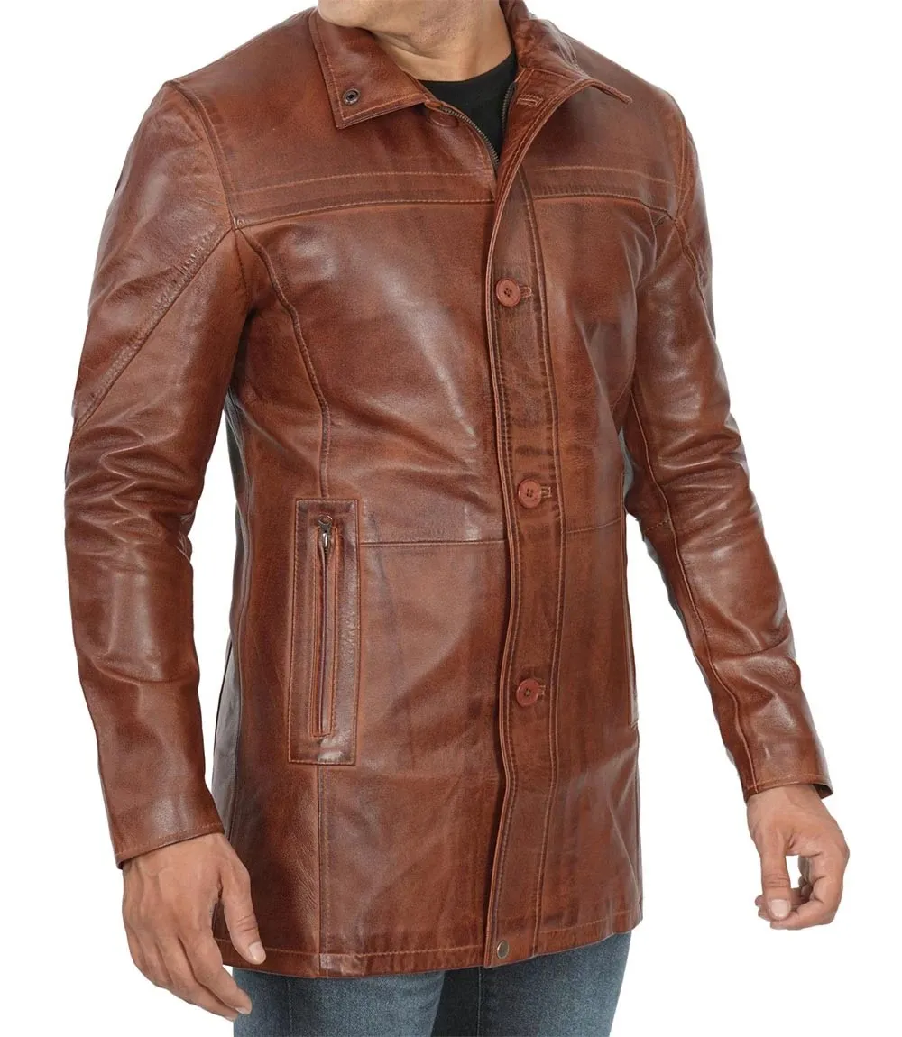 Men's Vintage Cognac Leather Car Coat