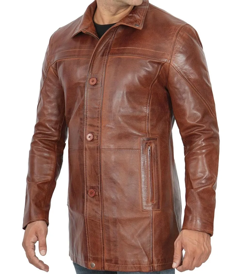 Men's Vintage Cognac Leather Car Coat