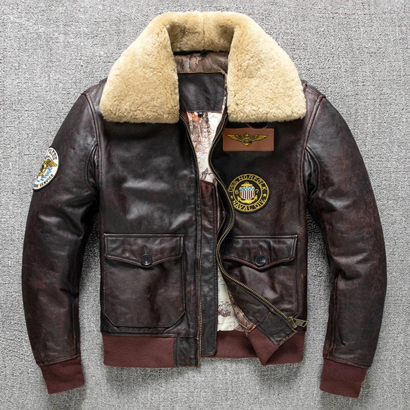 Men's Brown Genuine Cowhide Leather Fur Collar Military Style Winter Jacket