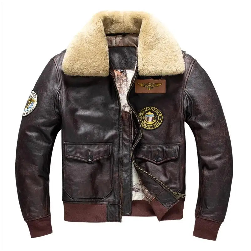 Men's Brown Genuine Cowhide Leather Fur Collar Military Style Winter Jacket