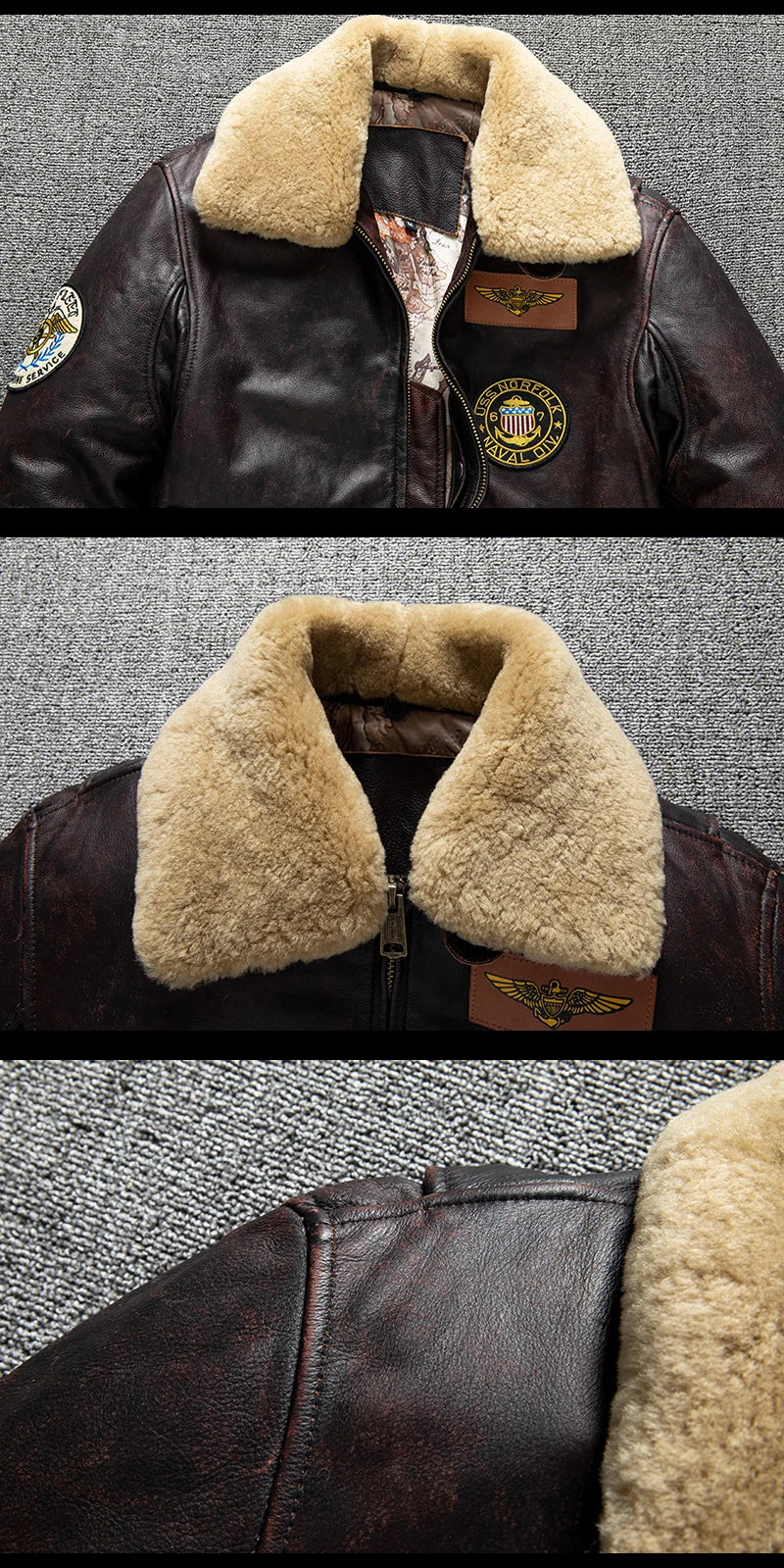 Men's Brown Genuine Cowhide Leather Fur Collar Military Style Winter Jacket