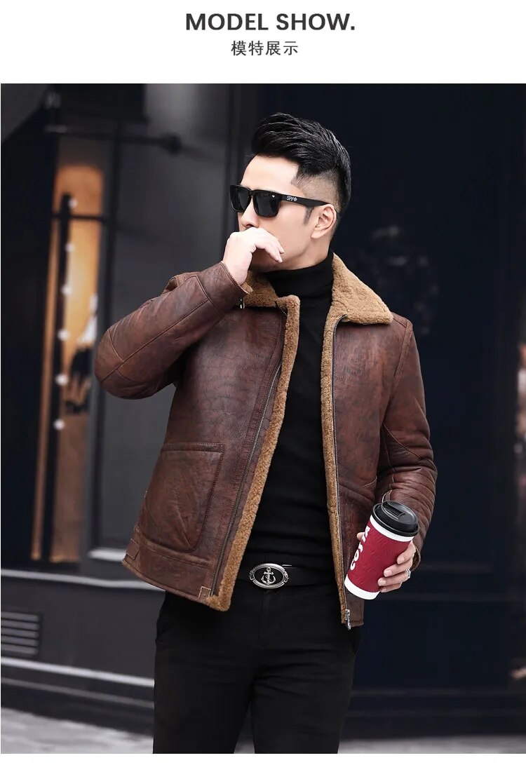 Men's Casual Genuine Leather Turn-down Collar Winter Warm Jacket