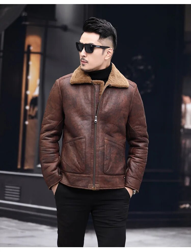 Men's Casual Genuine Leather Turn-down Collar Winter Warm Jacket