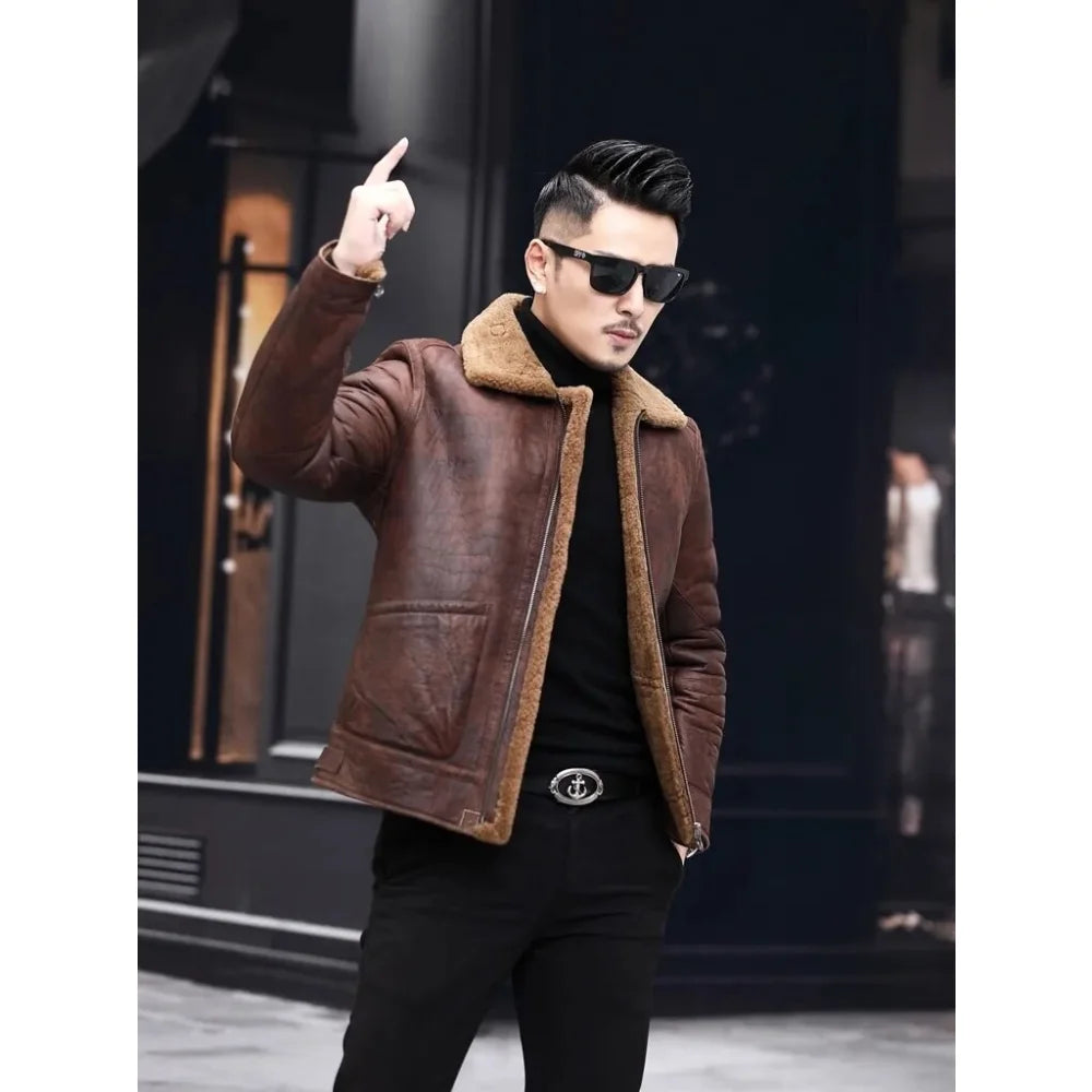 Men's Casual Genuine Leather Turn-down Collar Winter Warm Jacket