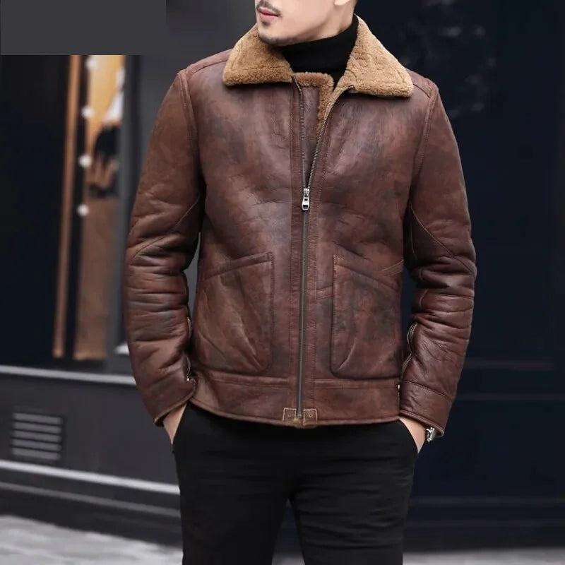 Men's Casual Genuine Leather Turn-down Collar Winter Warm Jacket