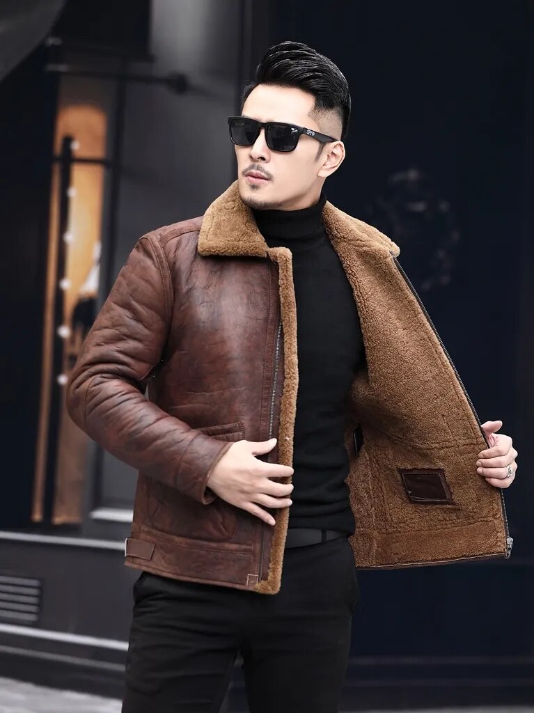 Men's Casual Genuine Leather Turn-down Collar Winter Warm Jacket