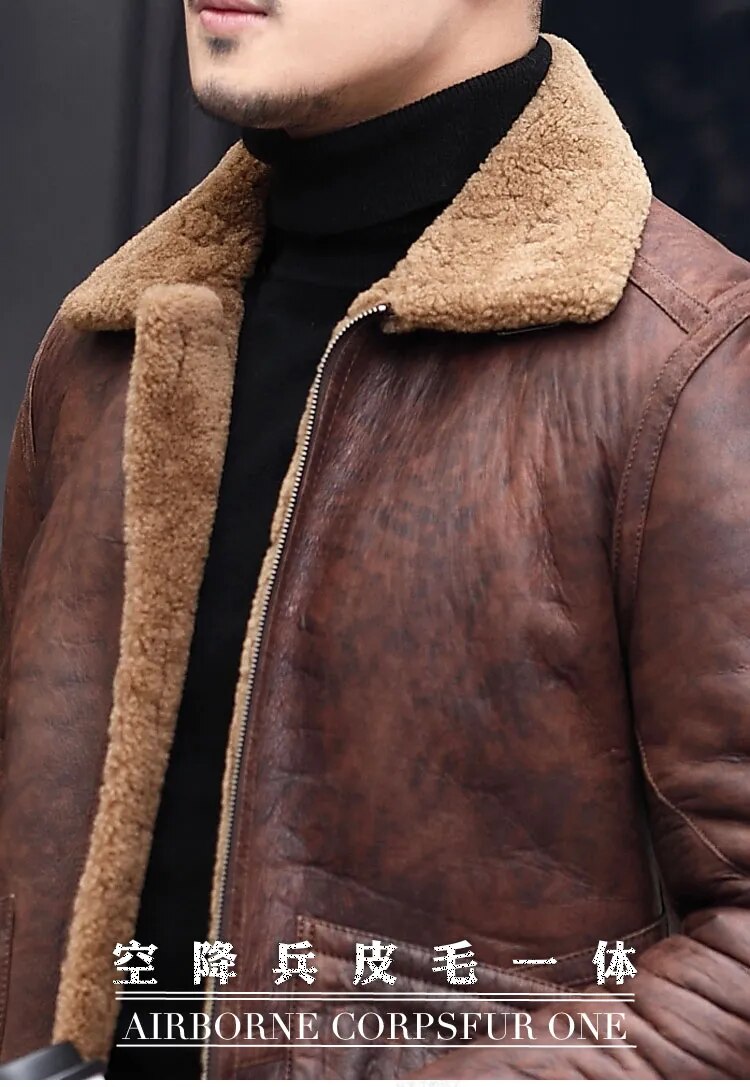 Men's Casual Genuine Leather Turn-down Collar Winter Warm Jacket