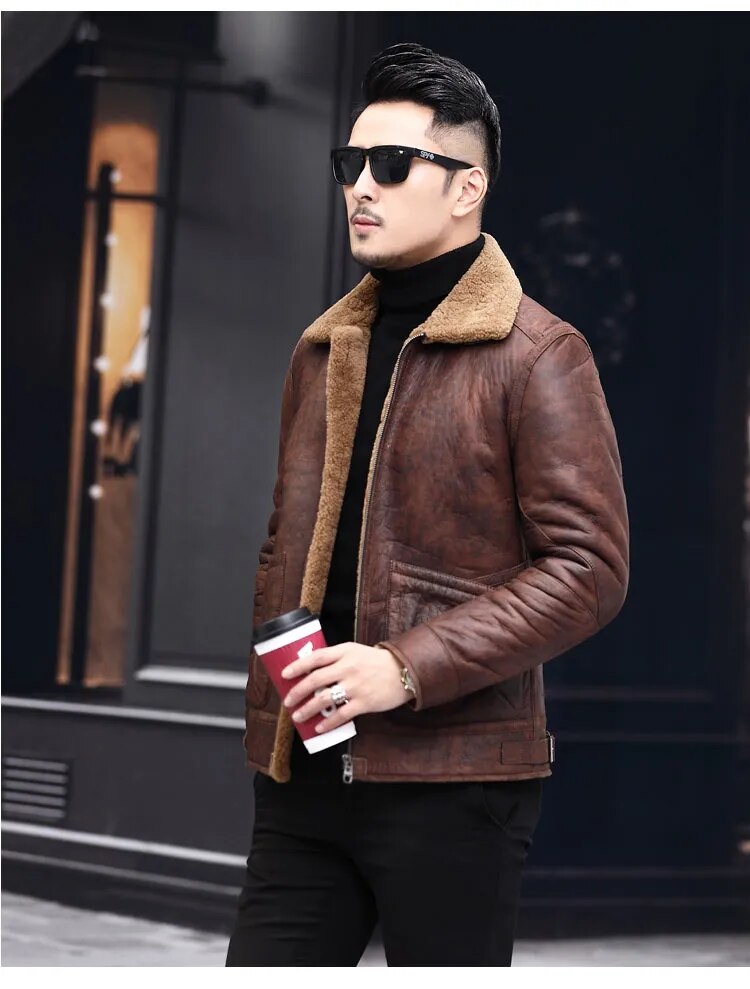 Men's Casual Genuine Leather Turn-down Collar Winter Warm Jacket