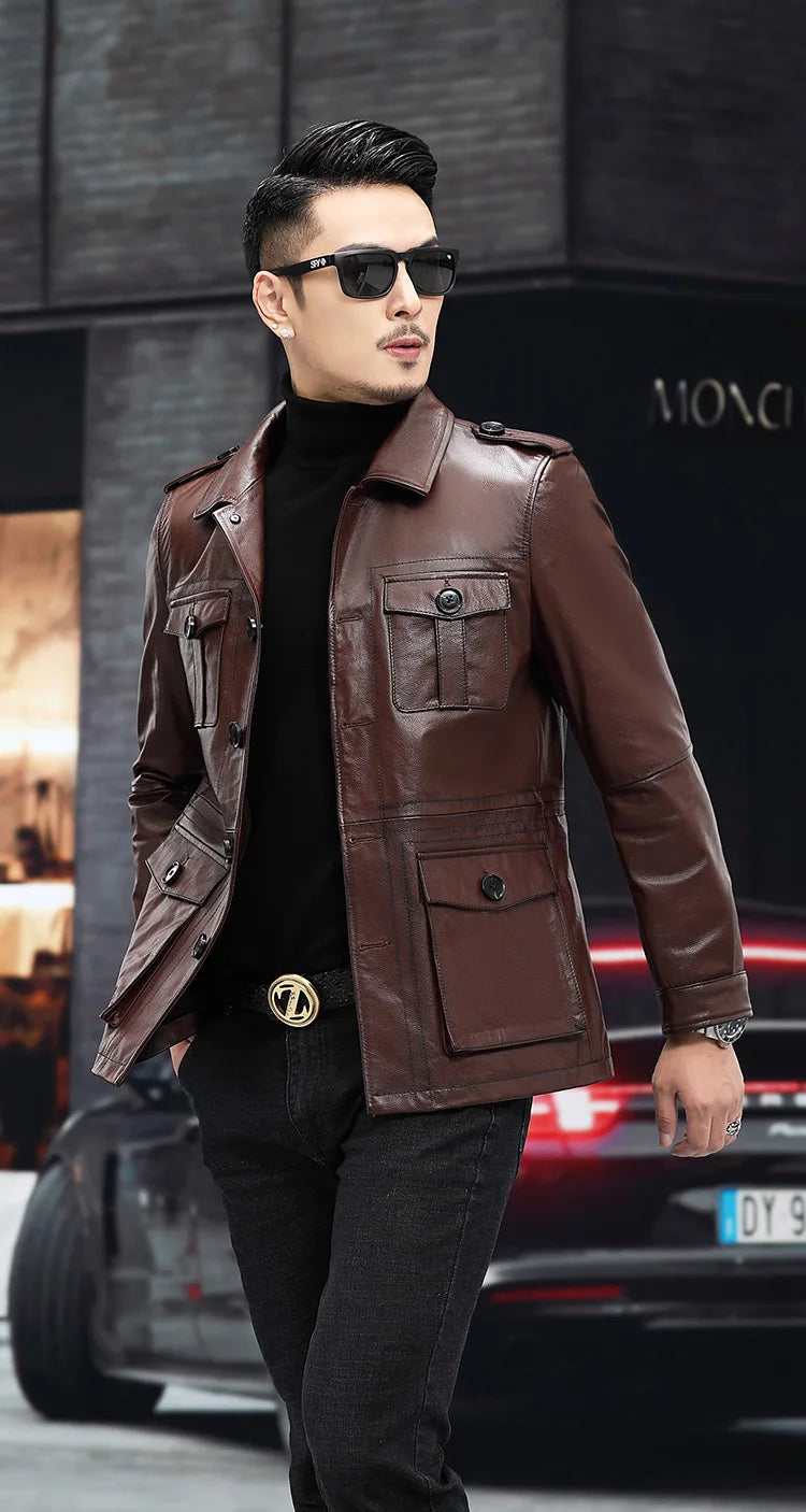 Men's Genuine Cowhide Leather Single Breasted Motorcycle Street Jacket