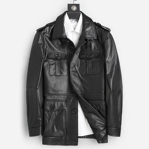 Men's Genuine Cowhide Leather Single Breasted Motorcycle Street Jacket