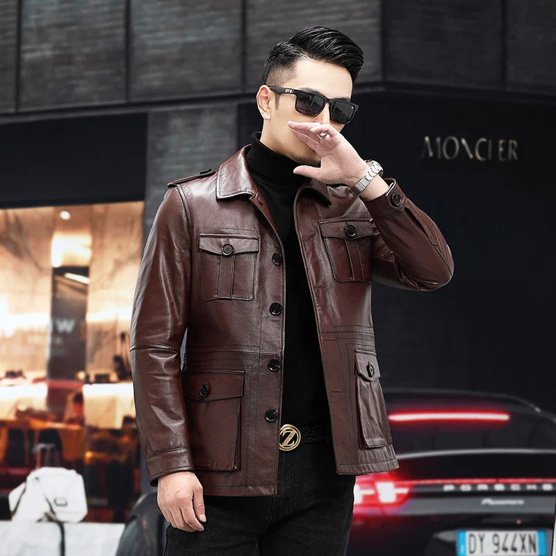 Men's Genuine Cowhide Leather Single Breasted Motorcycle Street Jacket