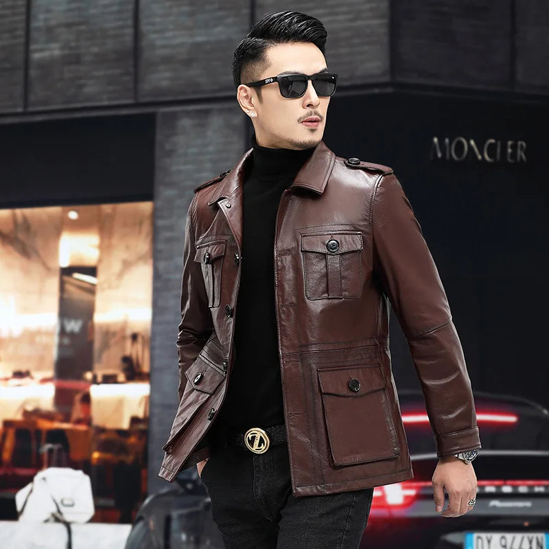 Men's Genuine Cowhide Leather Single Breasted Motorcycle Street Jacket