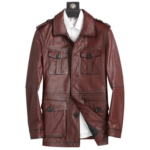 Men's Genuine Cowhide Leather Single Breasted Motorcycle Street Jacket