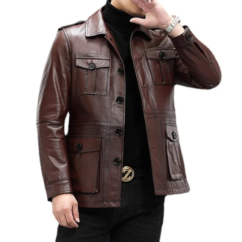 Men's Genuine Cowhide Leather Single Breasted Motorcycle Street Jacket