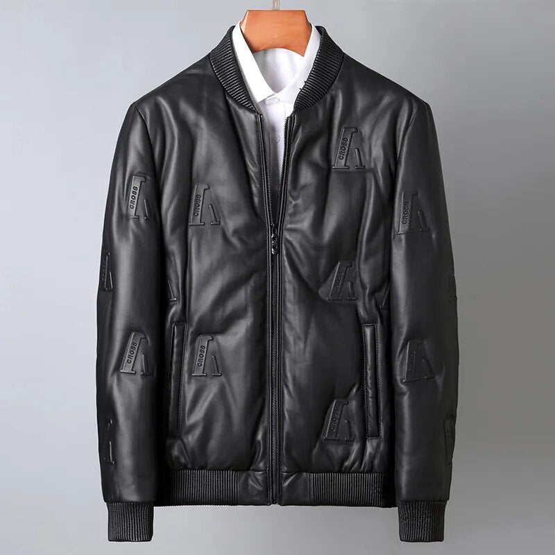 Men's Street Style Genuine Leather Lightweight Slim Down Jacket