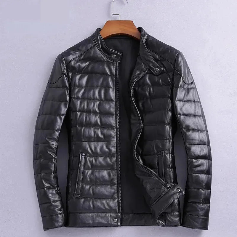 Men's Street Style Genuine Leather Lightweight Slim Down Jacket