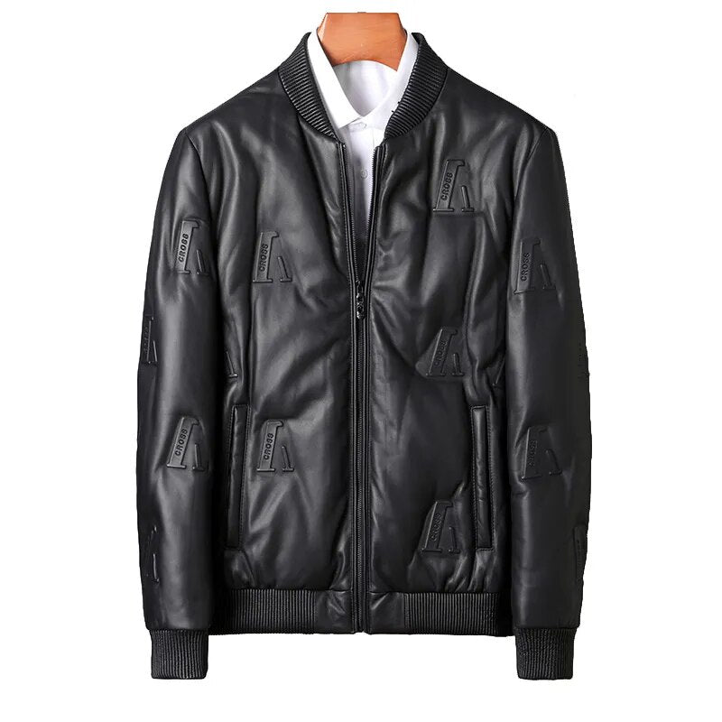 Men's Street Style Genuine Leather Lightweight Slim Down Jacket