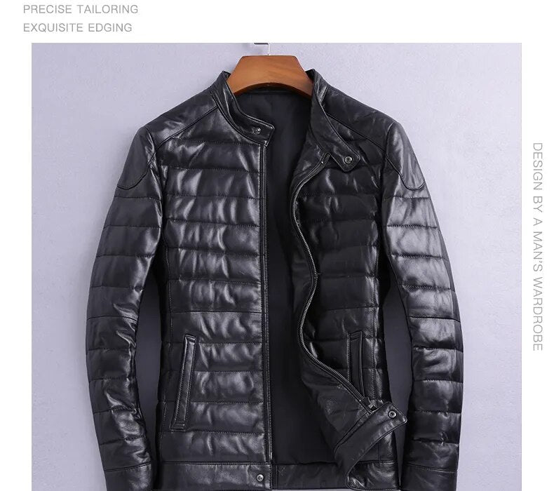 Men's Street Style Genuine Leather Lightweight Slim Down Jacket