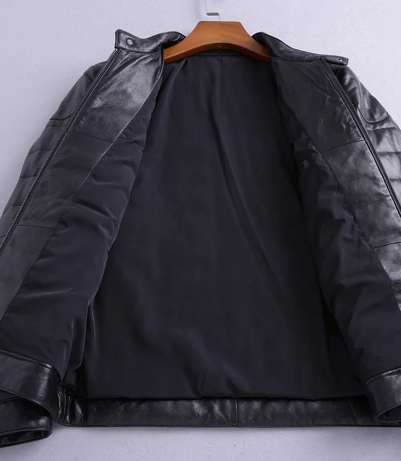 Men's Street Style Genuine Leather Lightweight Slim Down Jacket