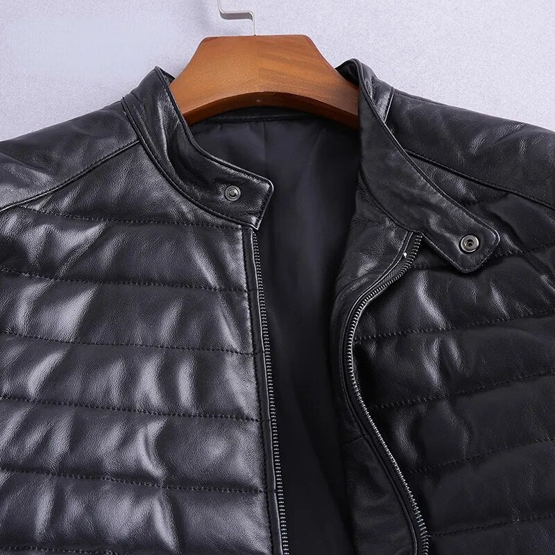 Men's Street Style Genuine Leather Lightweight Slim Down Jacket