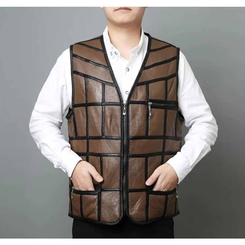 Men's Synthetic Leather Leisure Spliced Sleeveless V-Neck Vest Coat