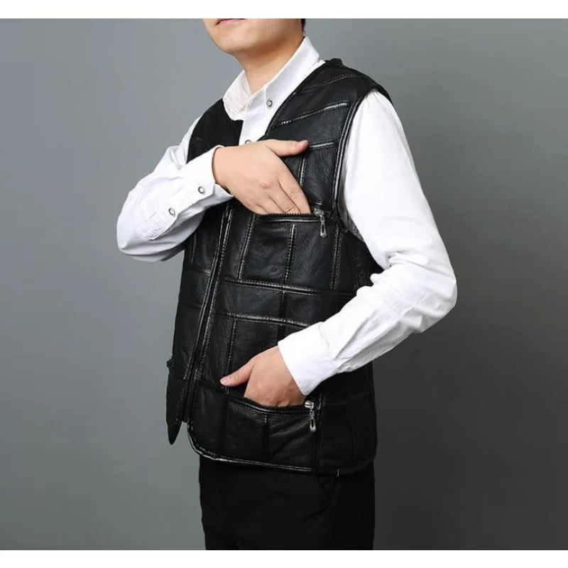 Men's Synthetic Leather Leisure Spliced Sleeveless V-Neck Vest Coat