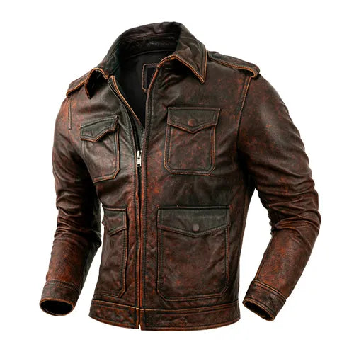 Men's Vintage Natural Layer Cowhide Leather Lapel Street Jacket