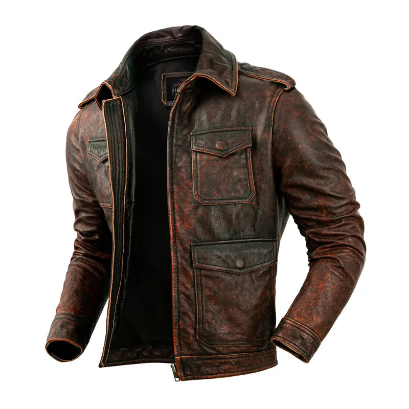 Men's Vintage Natural Layer Cowhide Leather Lapel Street Jacket