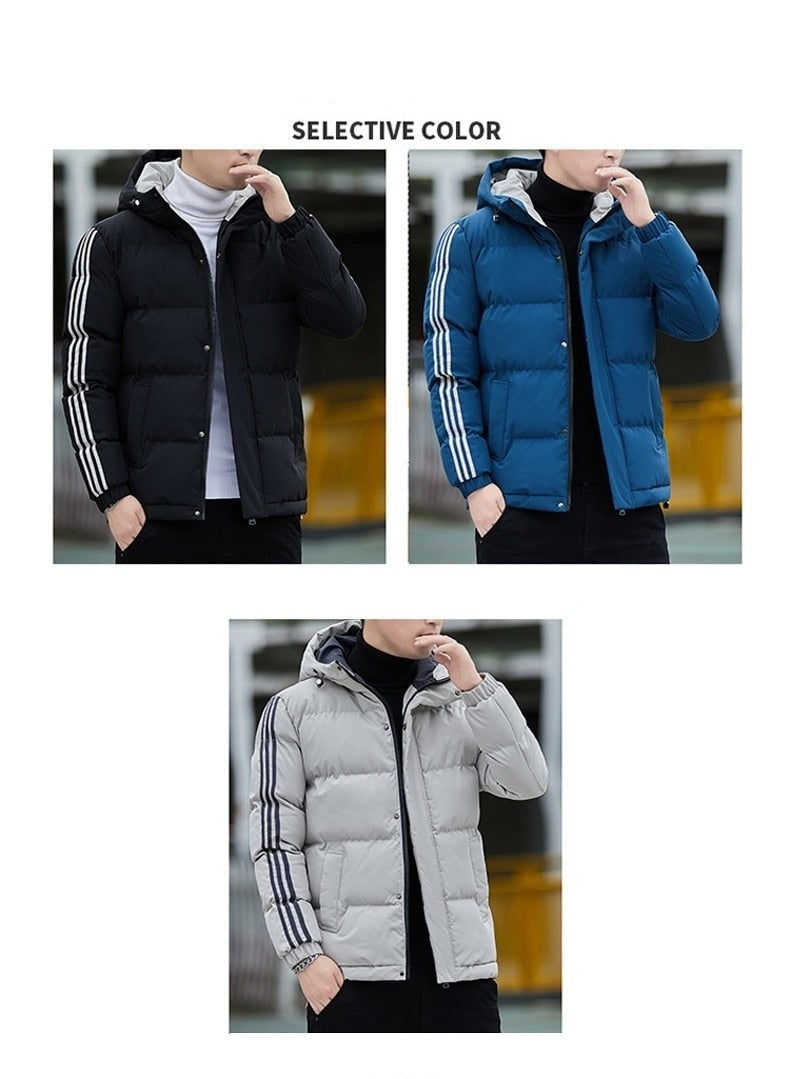 Men's Winter Thick Warm Striped Pattern Hooded Zipper Jacket