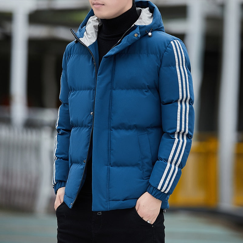 Men's Winter Thick Warm Striped Pattern Hooded Zipper Jacket