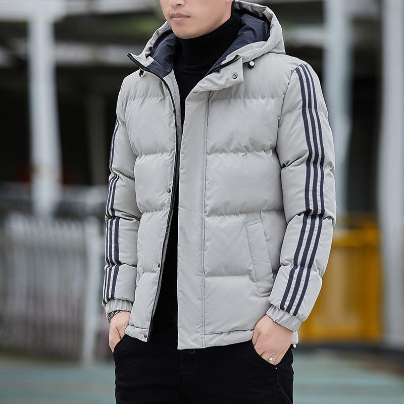 Men's Winter Thick Warm Striped Pattern Hooded Zipper Jacket