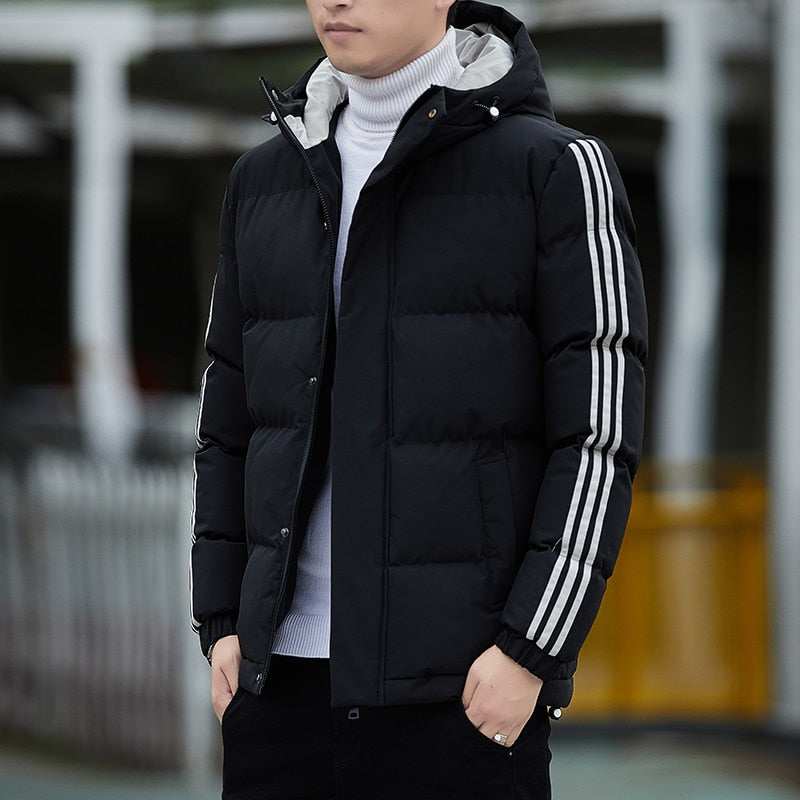 Men's Winter Thick Warm Striped Pattern Hooded Zipper Jacket