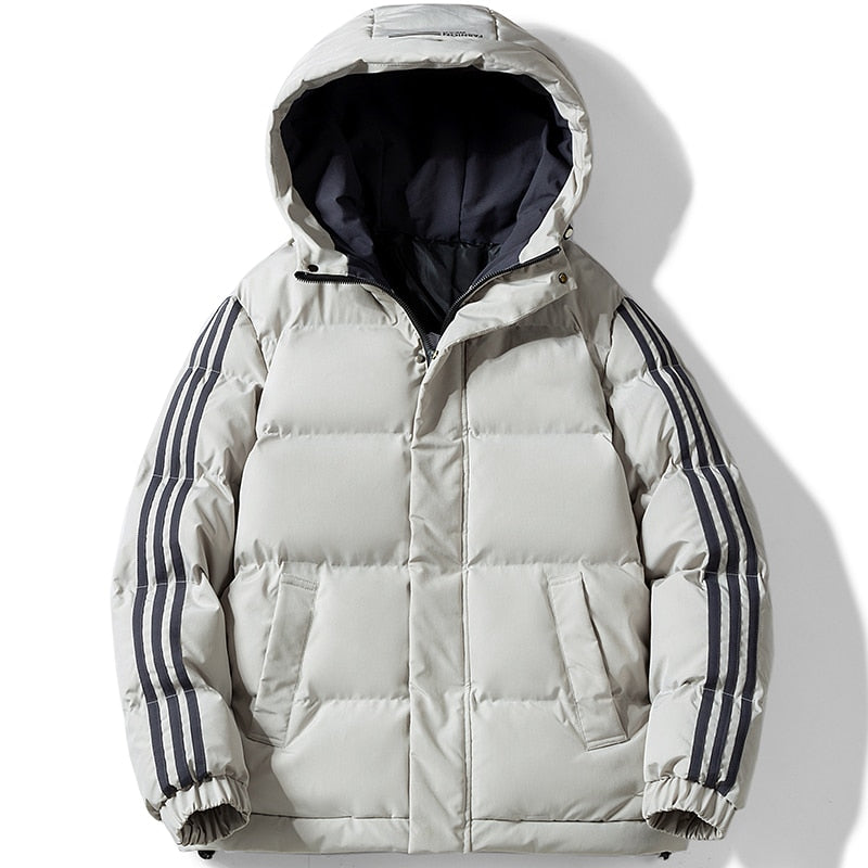 Men's Winter Thick Warm Striped Pattern Hooded Zipper Jacket